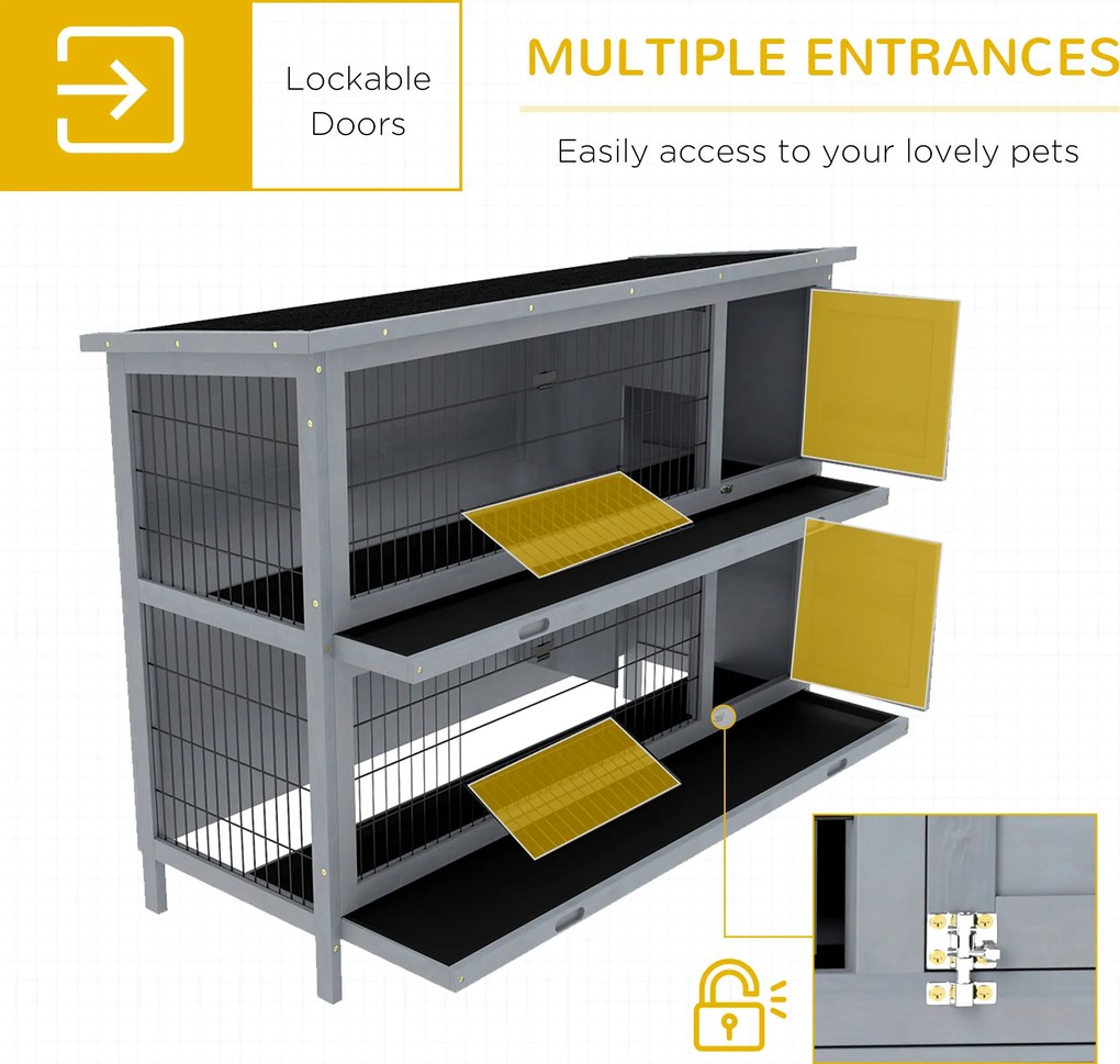 PawHut Klatka dla królików z drewna z 2 poziomami, dach z papy, tacki na dno, drzwi dla małych zwierząt, 136,4 x 50 x 93 cm, szara | Aosom PL