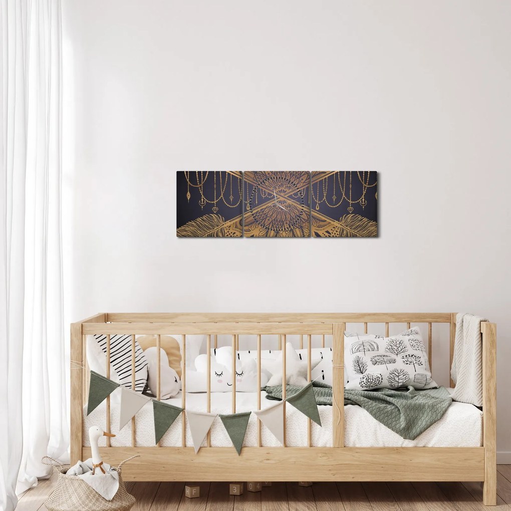 Obraz - Złota mandala ze strzałkami (z zegarem) (90x30 cm)