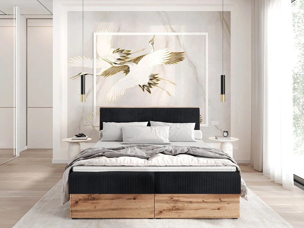 Łóżko kontynentalne TILIA-180x200cm Pojemniki na pościel|Topper|Łóżko podwójne|Materac bonellowy|Tkanina sztruksowa|Łóżko tapicerowane|Płyta Wotan-Czarny