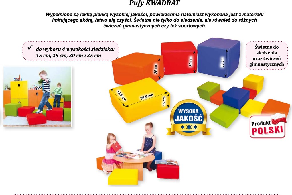 Piankowa pufa przedszkolna Kiddo kwadrat, wysokość 25 cm