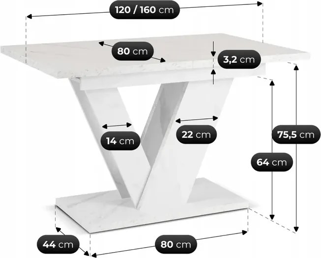 Stół Prostokątny Rozkładany CLARK 120-160 cm Biały Marmur Nowoczesny