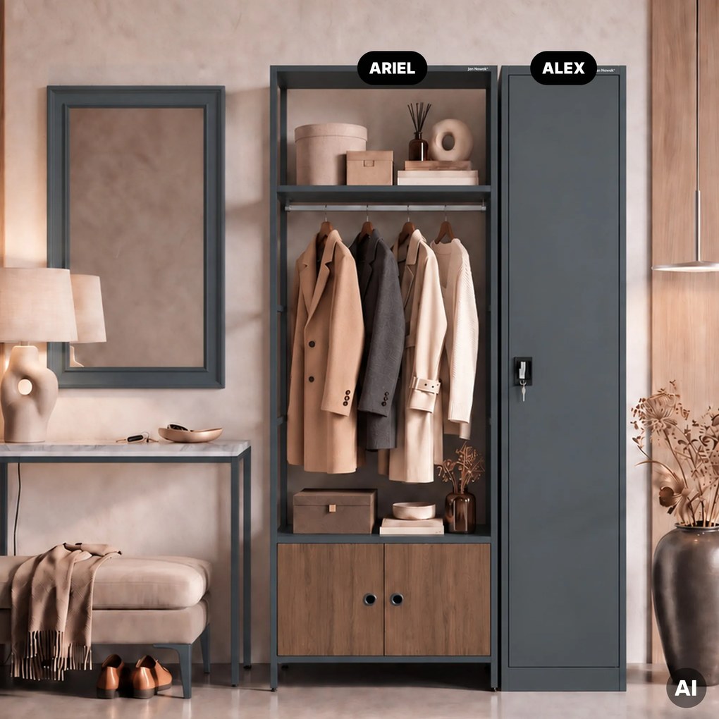 Regał biurowy otwarty z drążkiem na ubrania, do recepcji i poczekalni, metalowy, antracytowy/orzech, 800x2200x400 mm: ARIEL Eco Design