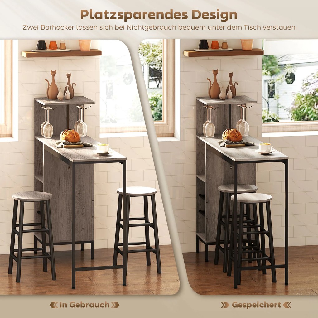 HOMCOM 3-częściowy zestaw barowy z półkami i hokerami, regał na wino, szary