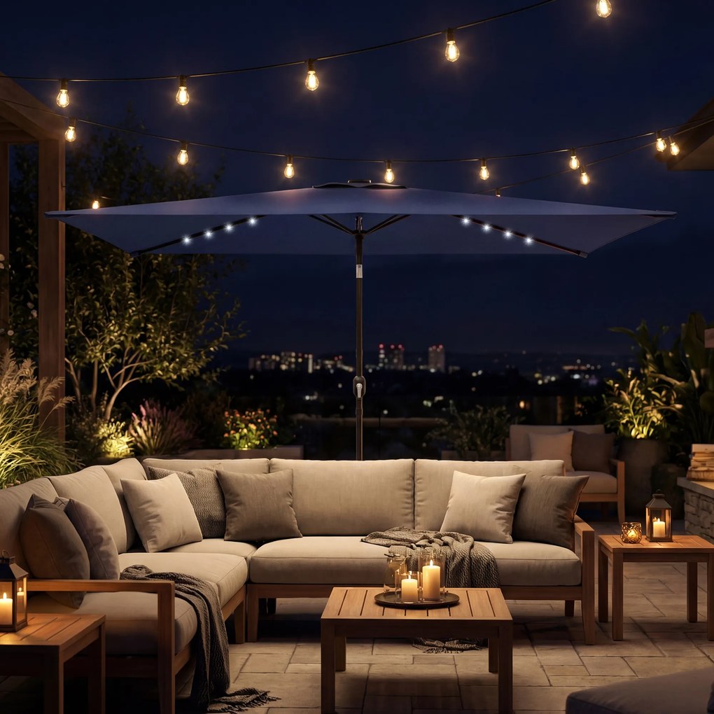 Outsunny Parasol LED Solarny ok. 300 x 200 cm z regulacją kąta, korbką, pokrowcem, ochroną UV, obrotowy, granatowy | Aosom PL