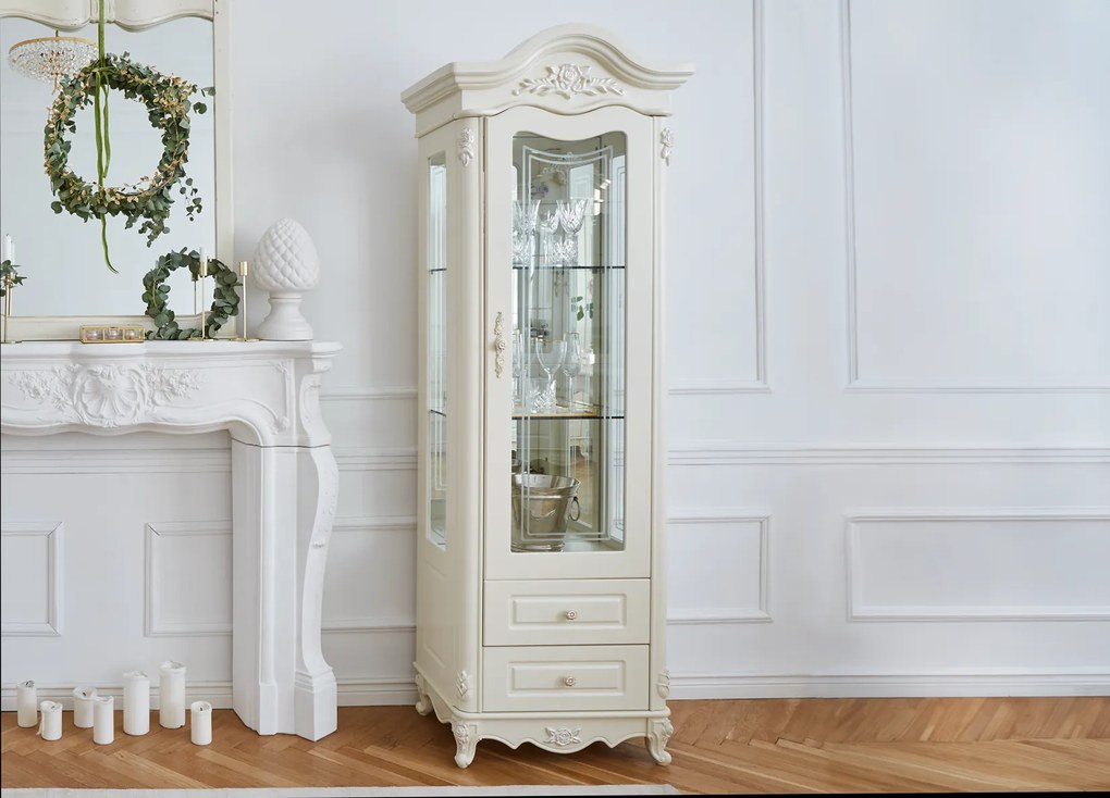 Witryna do salonu lub jadalni Gloria 65x43x200 cm. Witryna z szufladami, górna część przeszklona. Kolekcja mebli La Perle.
