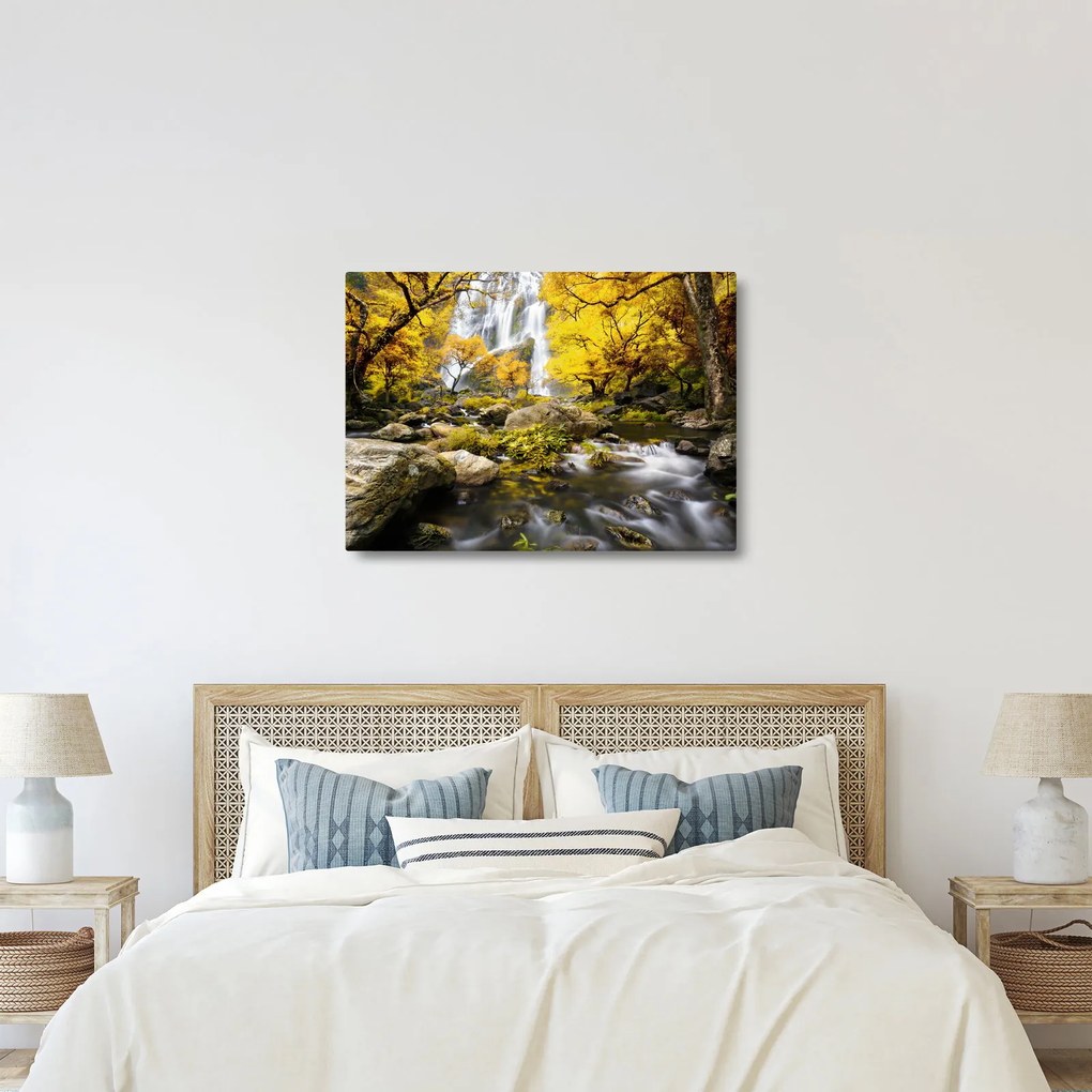 Obraz - Wodospady w jesiennym krajobrazie, żółty (70x50 cm)