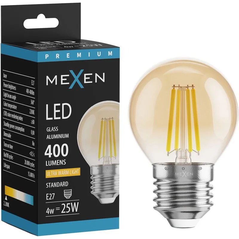 Mexen Vintis żarówka filament LED E27, G45, 4W, Ciepła - 2200K, 400 lm, amber - L156-E27-0422-50
