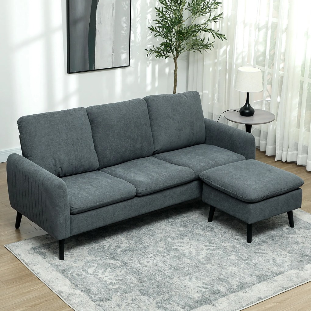 HOMCOM Sofa narożna, 3-osobowa sofa z pufą, Obicie z tkaniny, Zestaw sof L-kształt, Ciemnoszary