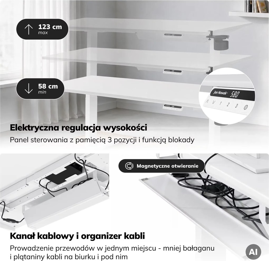 Duże biurko sit-stand do pracy Aria 160×80 cm, białe