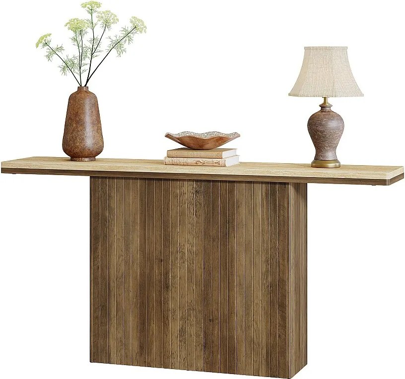 Konsola w stylu rustykalnym, żłobkowana, do przedpokoju, stolik kawowy o długości 160 cm za kanapą