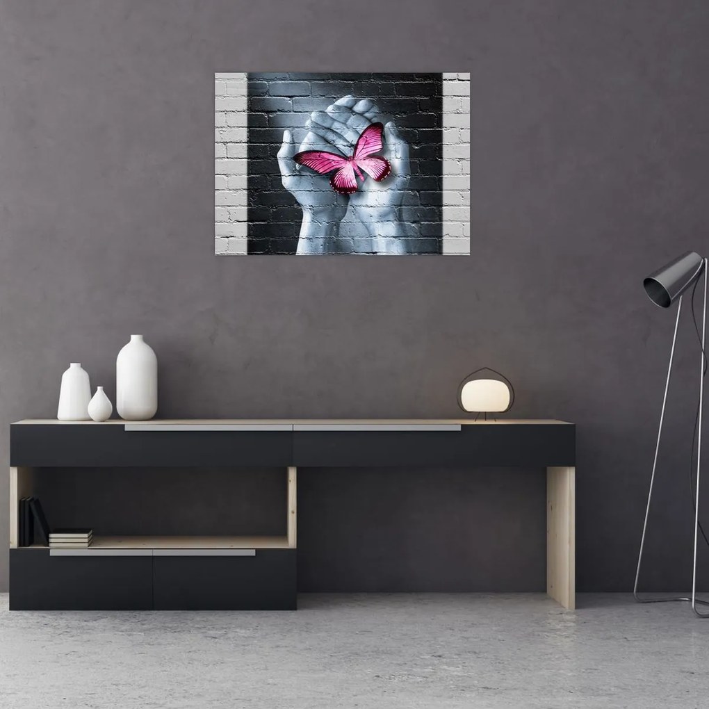 Obraz - Różowy motyl w ścianie (70x50 cm)