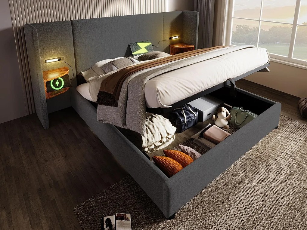 Łóżko 160x200cm z lnu - 2 stoliki nocne z lampką do czytania i funkcją ładowania - z stelażem na listwy - Szary