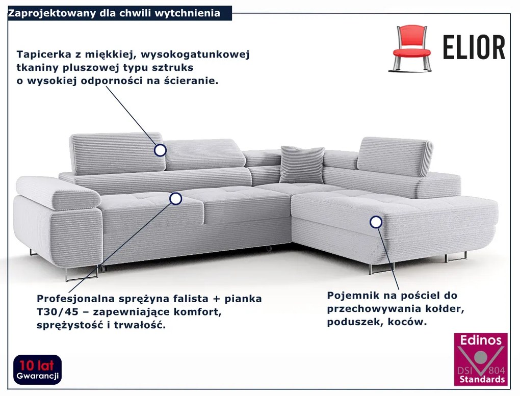 Jasnoszary sztruksowy narożnik z funkcją spania G1-N61