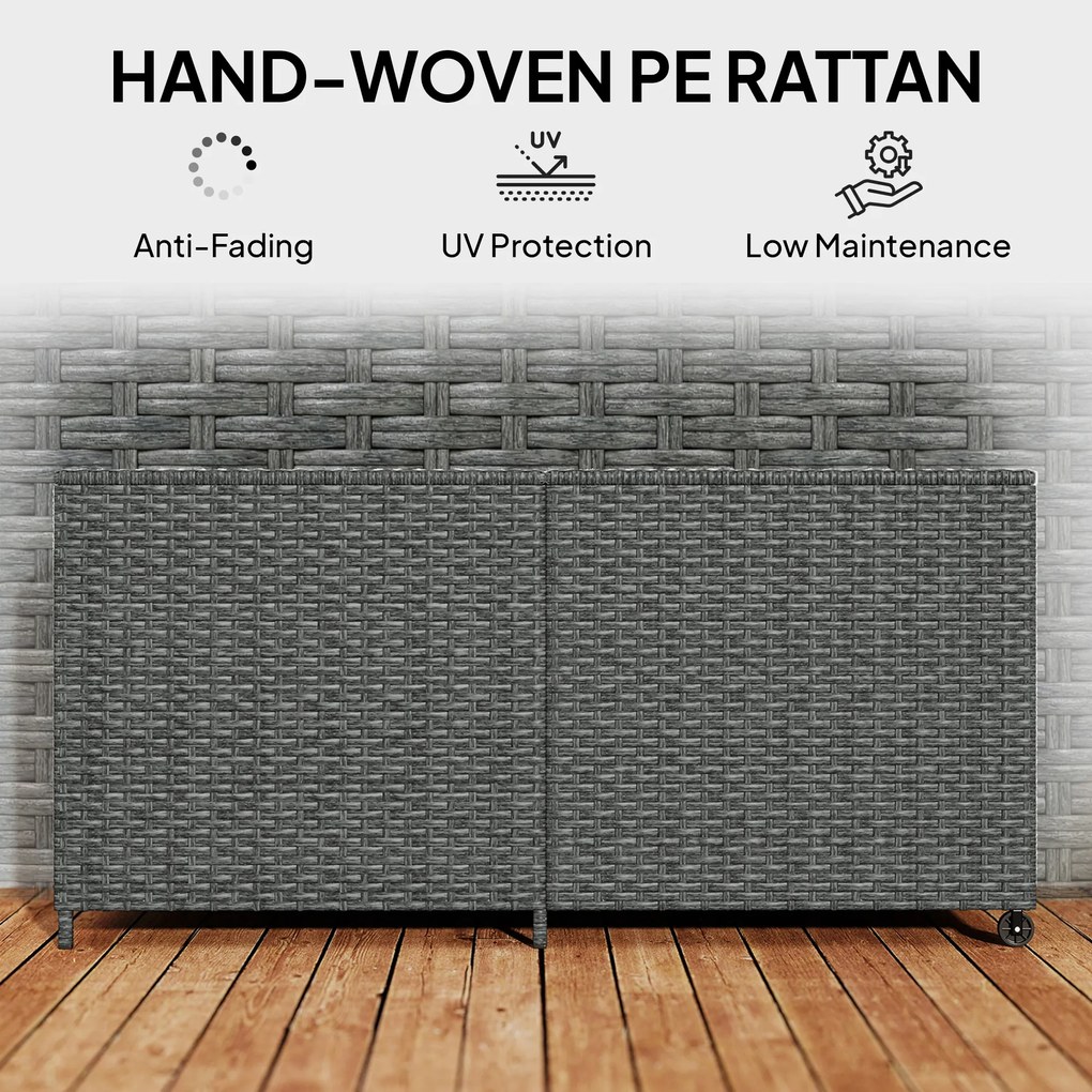 Outsunny Rattanowa skrzynia ogrodowa 650L wodoodporna, UV odporna, ze schowkiem, kółkami i pokrywą, 150 x 75 x 74 cm, ciemnoszara | Aosom PL