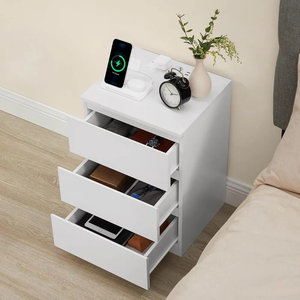 Stolik nocny z funkcją ładowania ZION, 35x40x59 cm, biały Vasagle