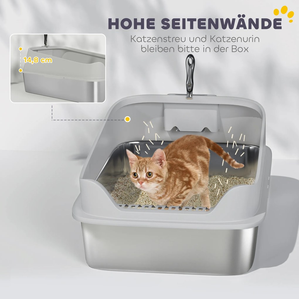 PawHut Kuweta ze stali nierdzewnej otwarta z łopatką, wysokie ścianki dla dużych kotów do 12 kg, 69,8 x 50,3 x 29,8 cm, Szara | Aosom PL
