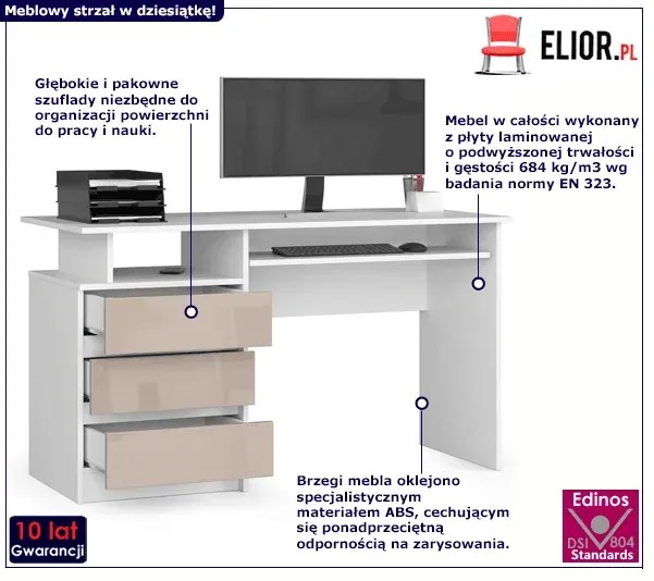 Biurko komputerowe biały + cappuccino połysk L6-B18