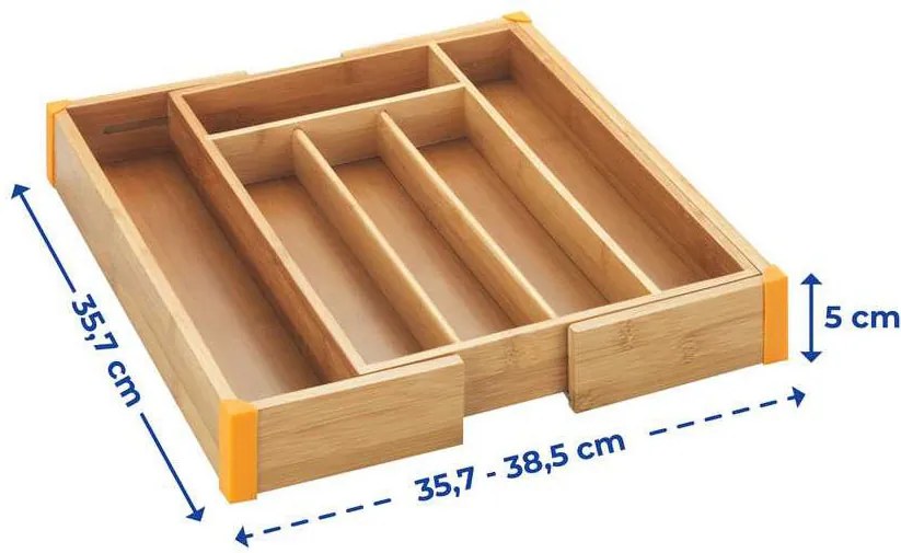 Rozsuwany pojemnik na sztućce BAMBOO, wkład do szuflady, 25,5 - 38 x 36 x 5 cm