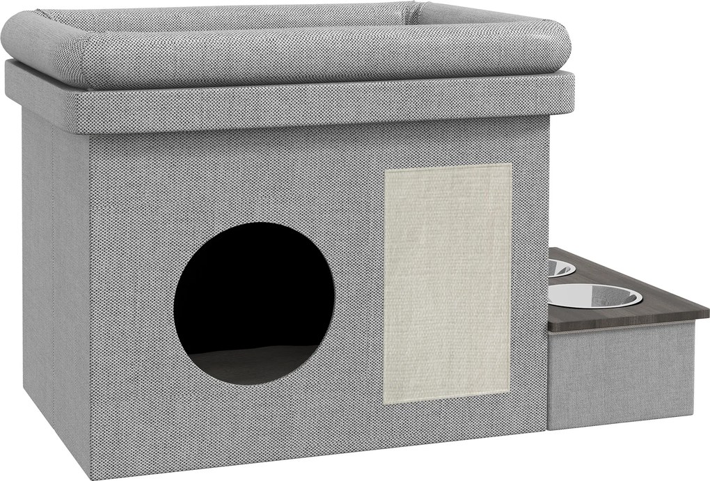 PawHut Domek dla kota, Miejsce na jedzenie z 2 miskami ze stali nierdzewnej, Drapak, miękka poduszka do leżenia, 78 x 48 x 49,5 cm, szary