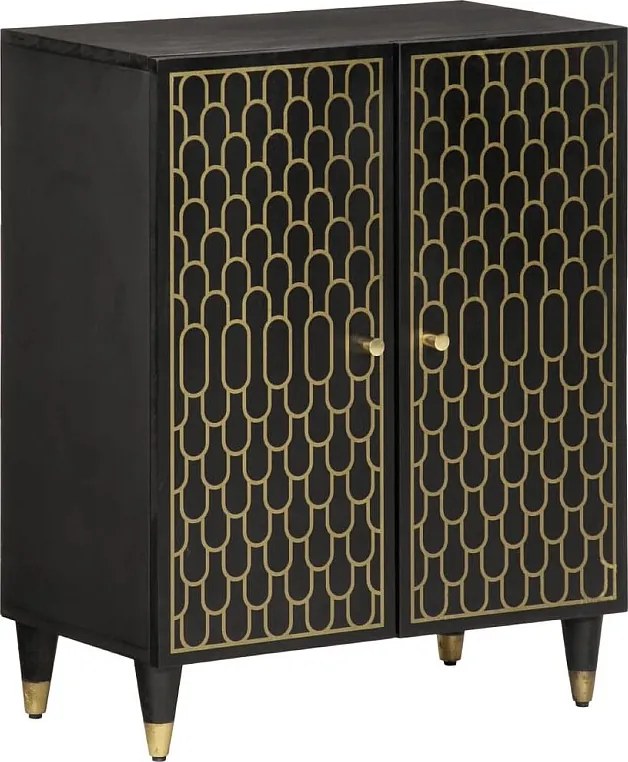 Czarna boczna szafka 60x33x75 cm z litego drewna mango, ręcznie rzeźbiona, styl retro z solidnymi żelaznymi nogami