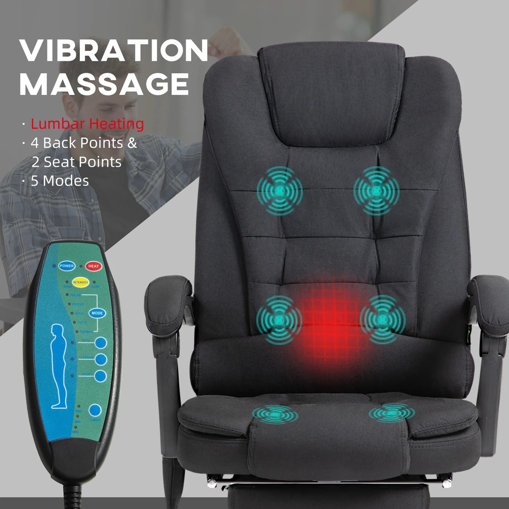 Vinsetto fotel biurowy do masażu krzesło obrotowe 6-punktowy masaż i ogrzewanie ergonomiczny odchylany do 135° z pilotem do 120 kg czarny | Aosom PL