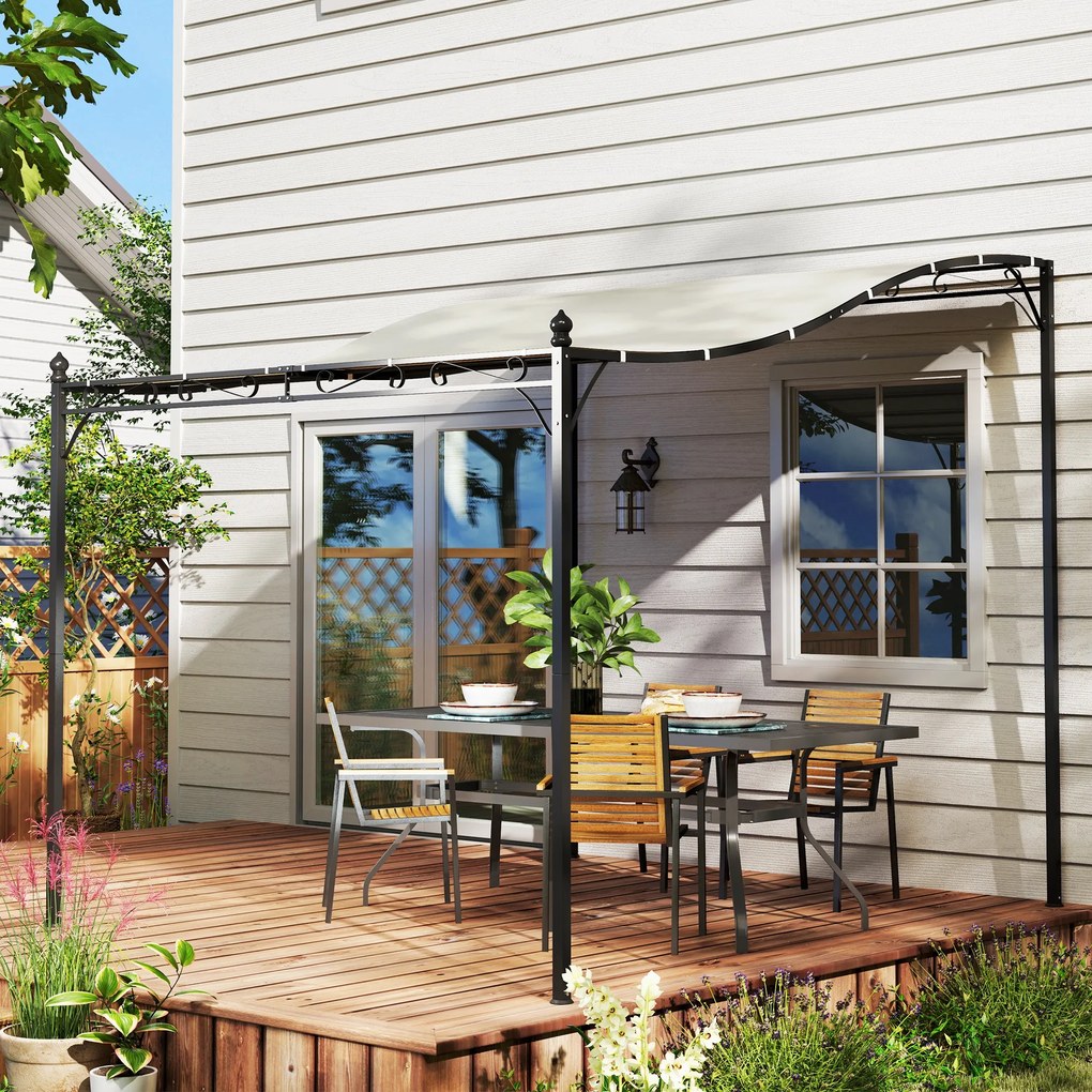 Outsunny Pergola 2,5 x 3 m, Pawilon Ogrodowy Montowany na Ścianie, Odporny na Wodę, Metalowy Stelaż, Otwory Odpływowe, Zadaszenie Przeciwcieniowe, Kremowy