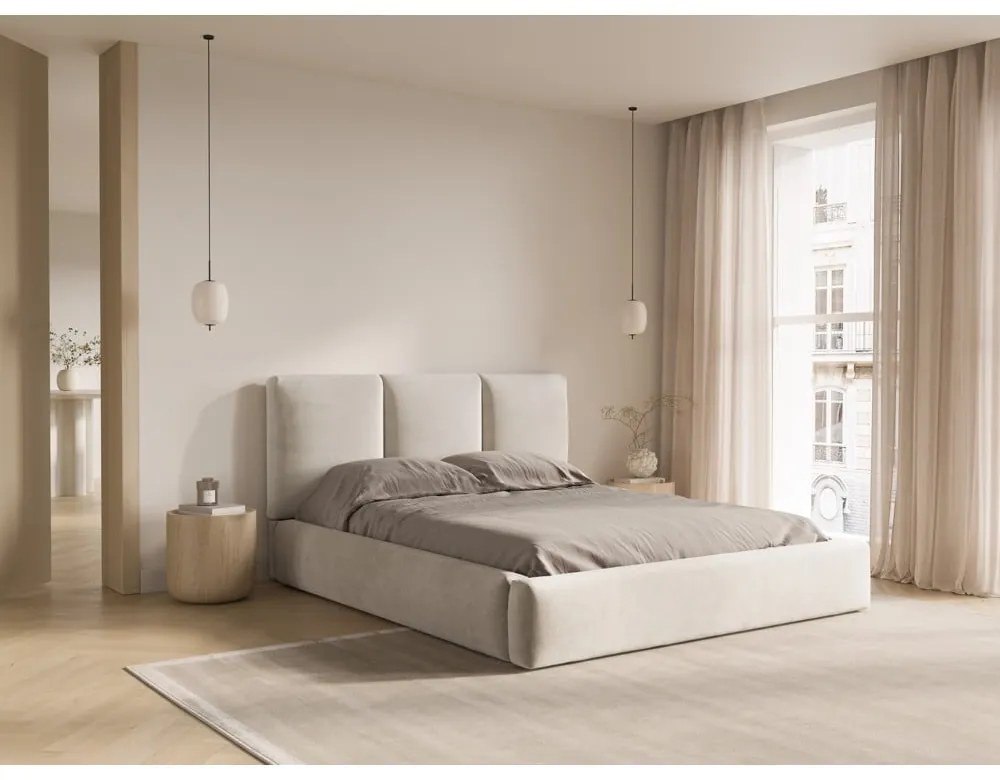 Kremowe aksamitne tapicerowane łóżko dwuosobowe ze schowkiem i stelażem 160x200 cm Brody – Mazzini Beds