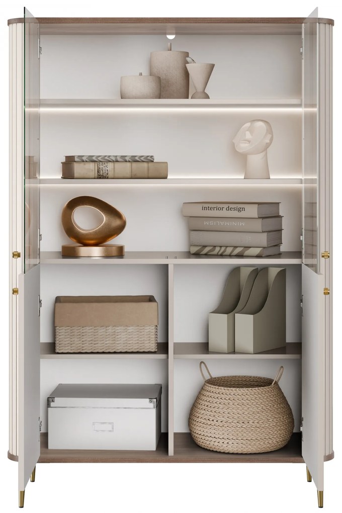 Witryna Vesper 103 cm czterodrzwiowa - kaszmir / orzech / złote nogi