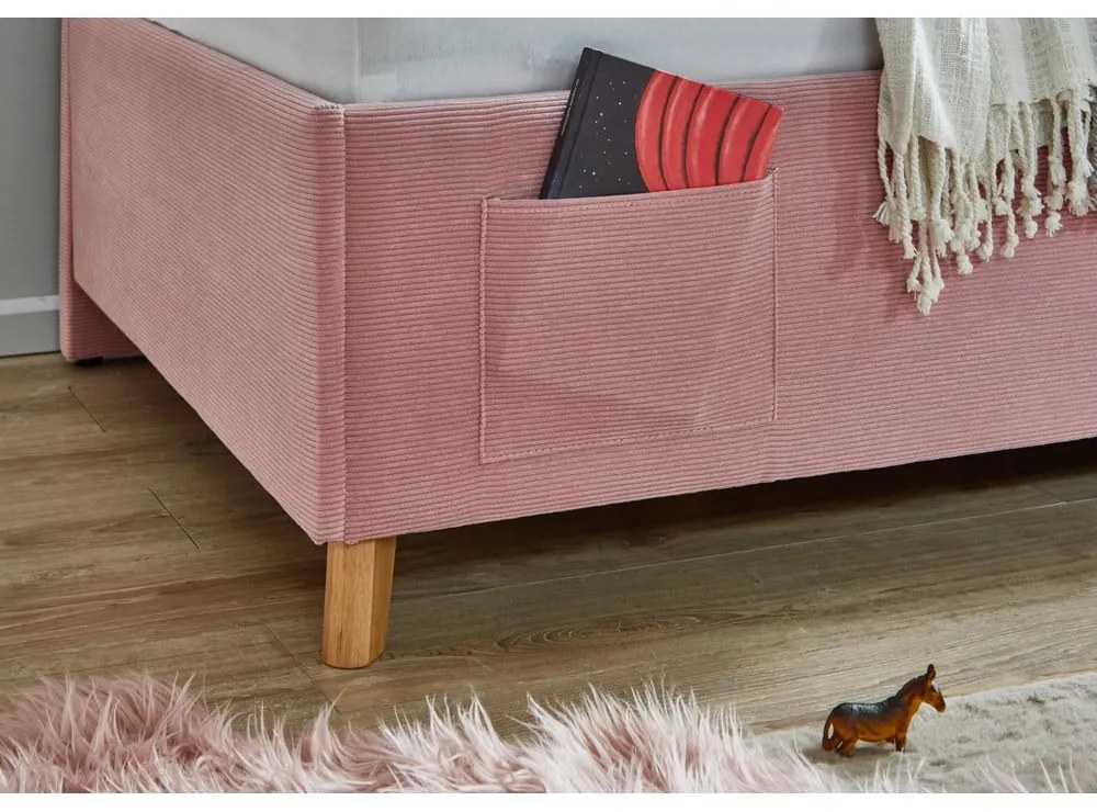Różowe tapicerowane narożne łóżko dziecięce ze schowkiem ze stelażem 140x200 cm Cool – Meise Möbel