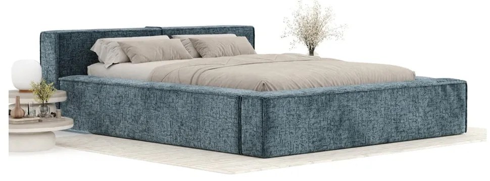 Szaroniebieskie tapicerowane łóżko dwuosobowe ze schowkiem i stelażem 160x200 cm Voliera – Maison de Rêve