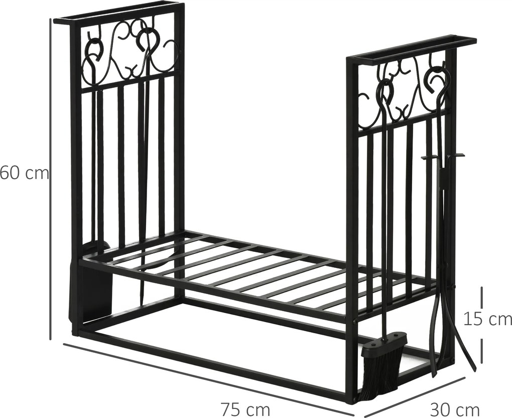 Stojak na drewno kominkowe HOMCOM z akcesoriami, regał na drewno, podstawka na drewno kominkowe, narzędzia kominkowe, Stal Czarny 75 x 30 x 60 cm