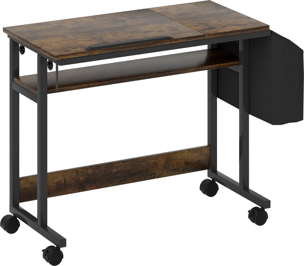 HOMCOM Stojące biurko z regulowaną wysokością i nachyleniem blatu, kółkami, półką, do pisania, czytania, rysowania, Rustykalny Brąz