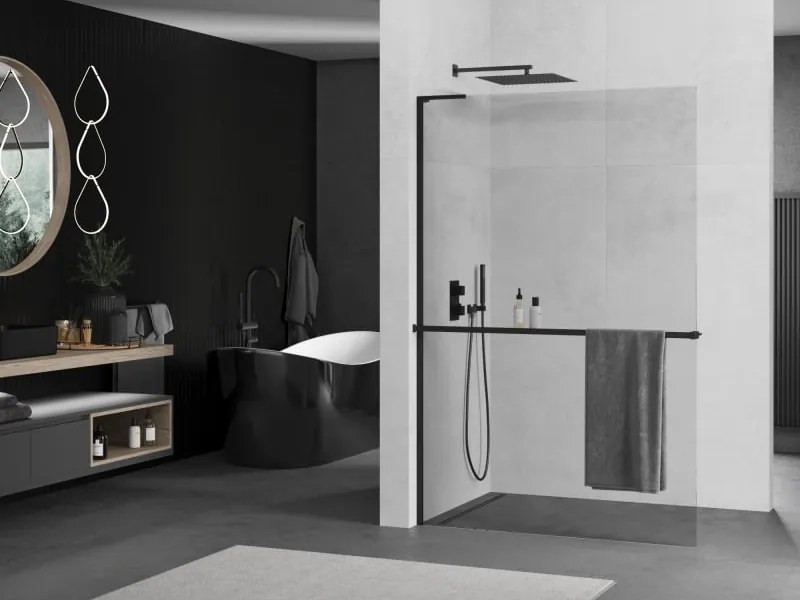 Mexen Kioto+ L ścianka prysznicowa z półką Walk-in 105 x 200 cm, transparent, czarna - 800-105-123-70-00