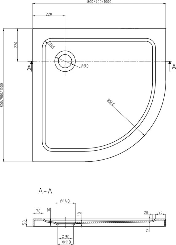 Mexen Flat brodzik półokrągły slim 90 x 90 cm, czarny, syfon czarny - 41709090B