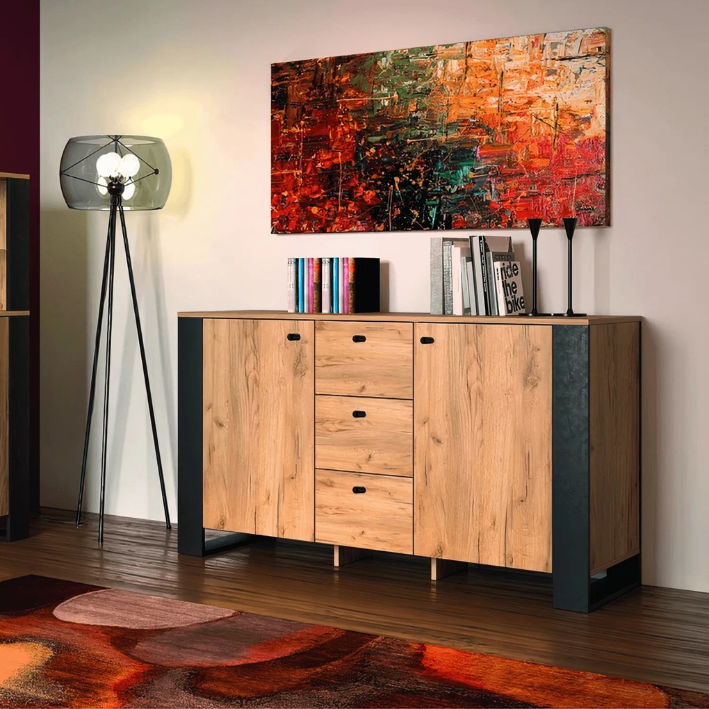 Komoda Dwudrzwiowa z Szufladami do Salonu ERISA 140 cm Dąb Craft/Złoty Loft