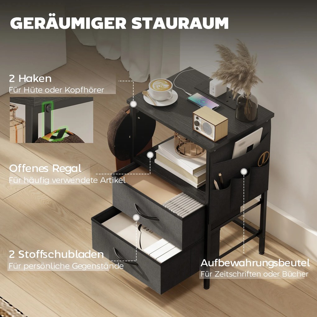 HOMCOM Stolik kawowy/Stolik boczny ze stacją ładującą, stalowa rama, porty USB-C, szuflady, haczyki, 40cm x 30cm x 60cm Czarny | Aosom PL