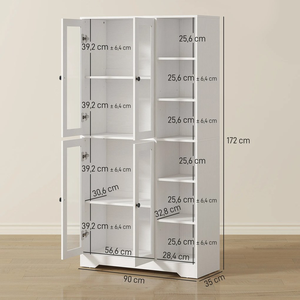 HOMCOM Szafka kuchenna z drzwiami szklanymi, półki, otwarte przegrody, 172 cm, MDF, Biały