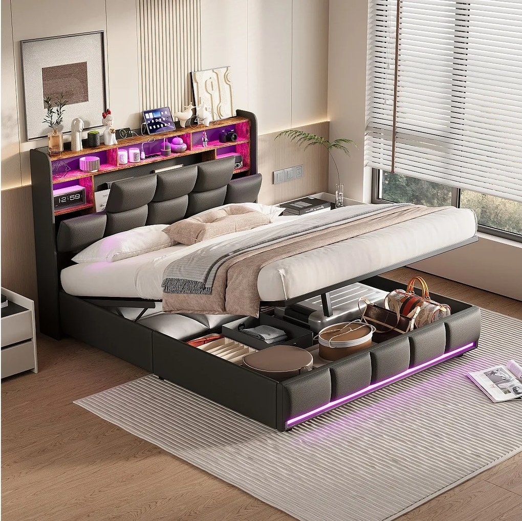 Łóżko podwójne 140x190 cm z czarnej skóry PU z hydraulicznym schowkiem, regulowanym oświetleniem LED i wbudowanym portem USB, styl nowoczesny