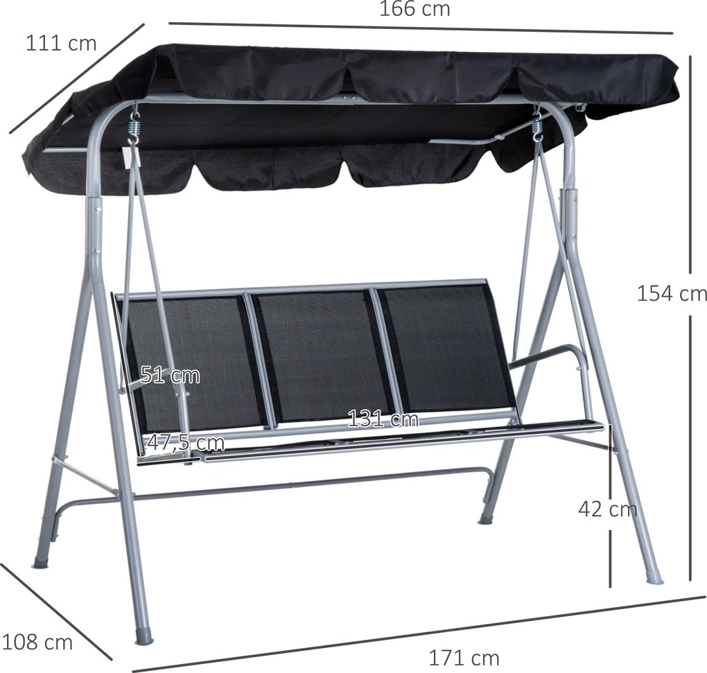 Outsunny Huśtawka Ogrodowa z Daszkiem 3 Osobowa Metalowa Czarno Srebrna Ławka Bujana z Ochroną Przed Słońcem 171x108x154cm | Aosom PL