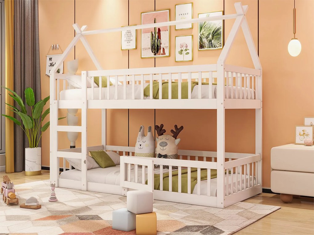 Łóżko piętrowe 90x200cm - z litego drewna - z drabinką - Białe