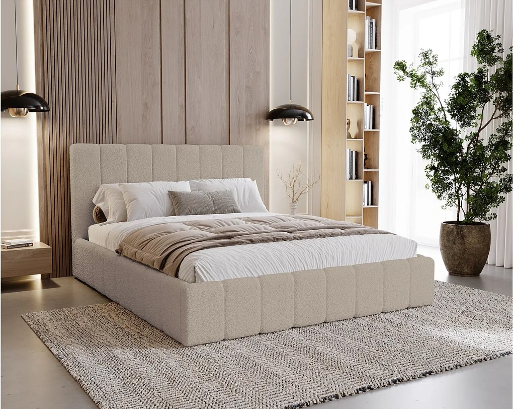 BESILIO Sypialnia łóżko slim 200x200 Lexy - stelaż metalowy, pojemnik na pościel, slim łóżko, tkanina boucle - Beżowy