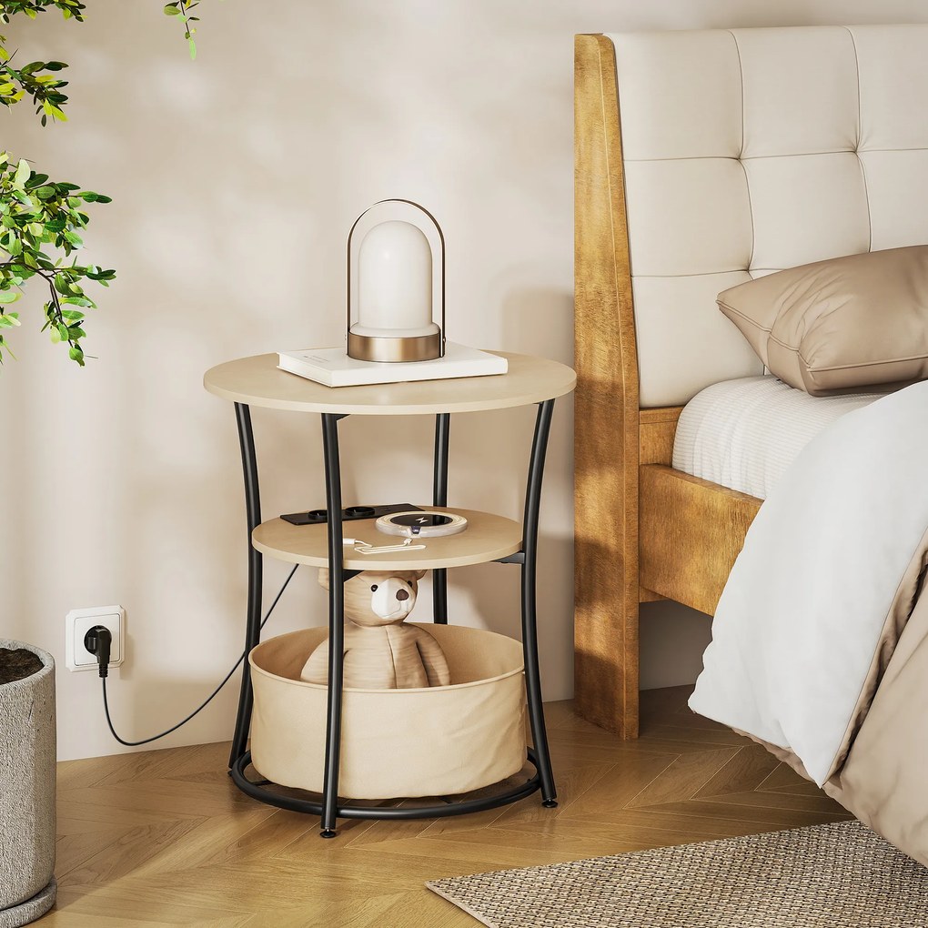 HOMCOM Stolik boczny 3-poziomowy z stacją ładującą, materiałową kieszenią, półką, 50x50x55,1 cm naturalne drewno