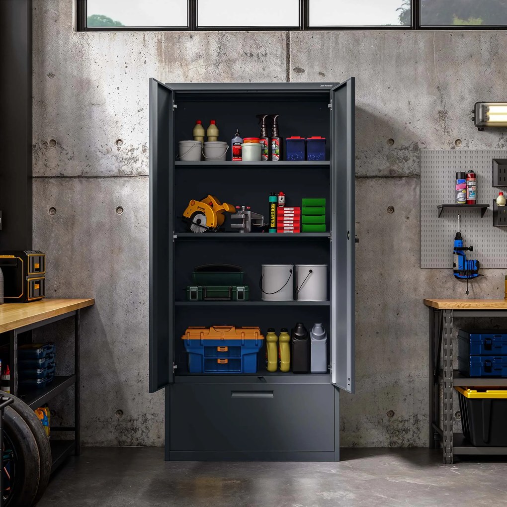 Szafa modułowa metalowa wielofunkcyjna z szufladą wysoką antracytowa MEGAN 1950 x 900 x 400 mm