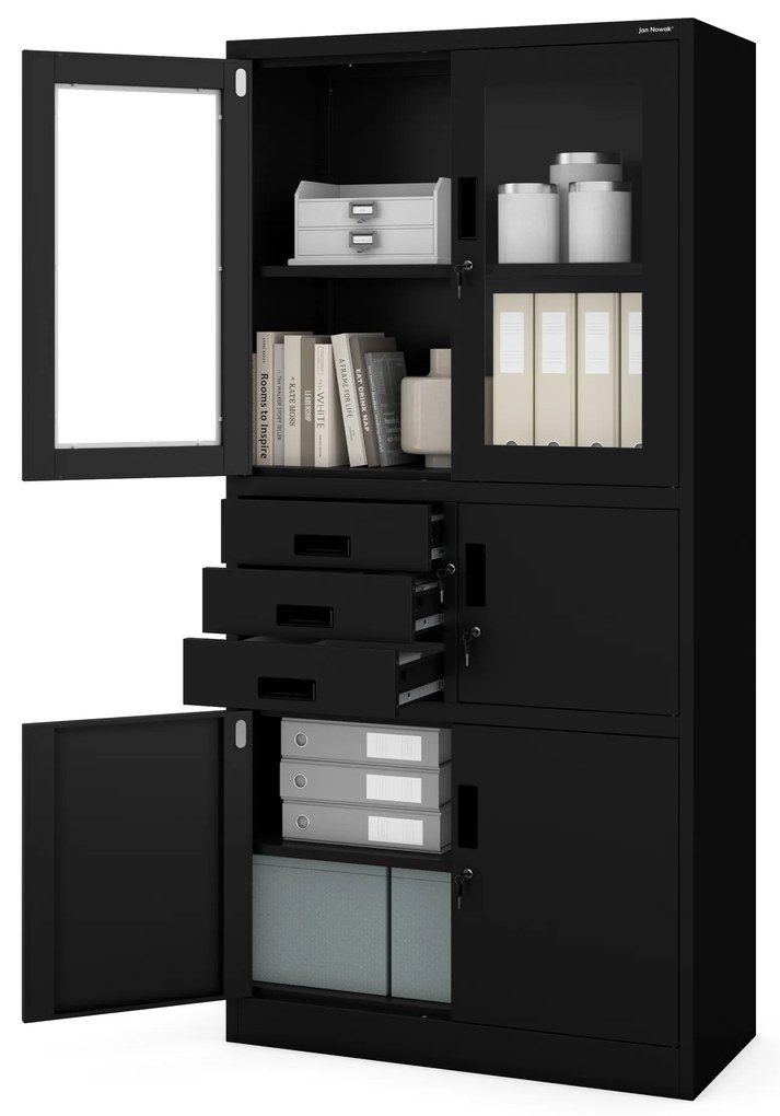 Biurowa szafa metalowa z sejfem na akta i dokumenty FILIP, 900 x 1850 x 400 mm, czarna