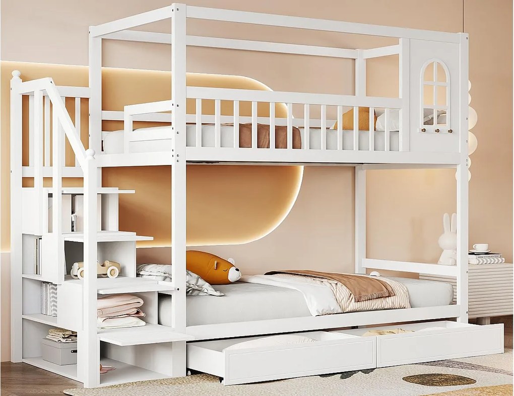 Łóżko piętrowe 90x200cm z litego drewna - 2 szuflady i schody do przechowywania - Białe