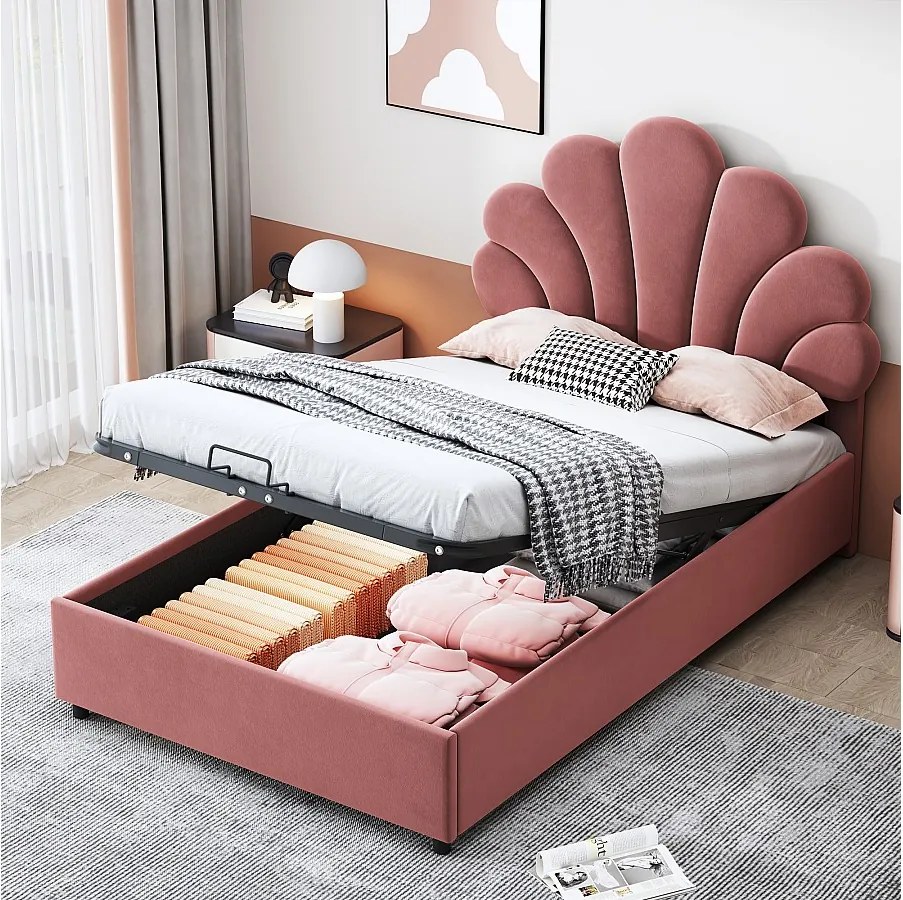 Łóżko ze schowkiem 90x200 cm - różowy aksamit - łóżko dziecięce z regulowanym zagłówkiem i stelażem - bez materaca
