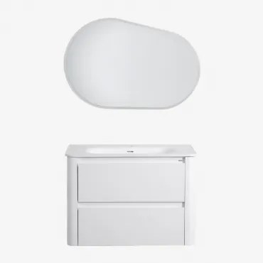 Zestaw Mebli Łazienkowych Z Drewna Z Wbudowaną Umywalką Egerton Biała & Owalna Lampa Led I Przeciwmgielna 100x65 Cm Meunier & Bez Kranu - Sklum