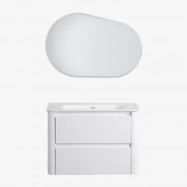 Zestaw Wiszących Mebli Łazienkowych Zintegrowany Z Umywalką Egerton Biała & Owalna Lampa Led I Przeciwmgielna 100x80 Cm Riben & Bez Kranu - Sklum