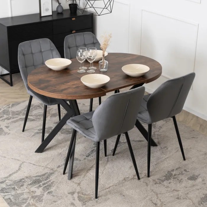 Zestaw Stół Okrągły Rozkładany DORIAN 80-160 cm Dąb Rustykalny/Czarny i 4 Krzesła Tapicerowane do Jadalni LUCKY Szare Welurowe