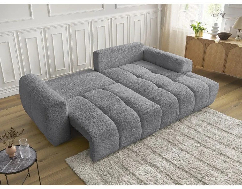 Szary rozkładany/ze schowkiem narożnik z materiału bouclé (prawostronny/z szezlongiem) Roxelane – Bobochic Paris